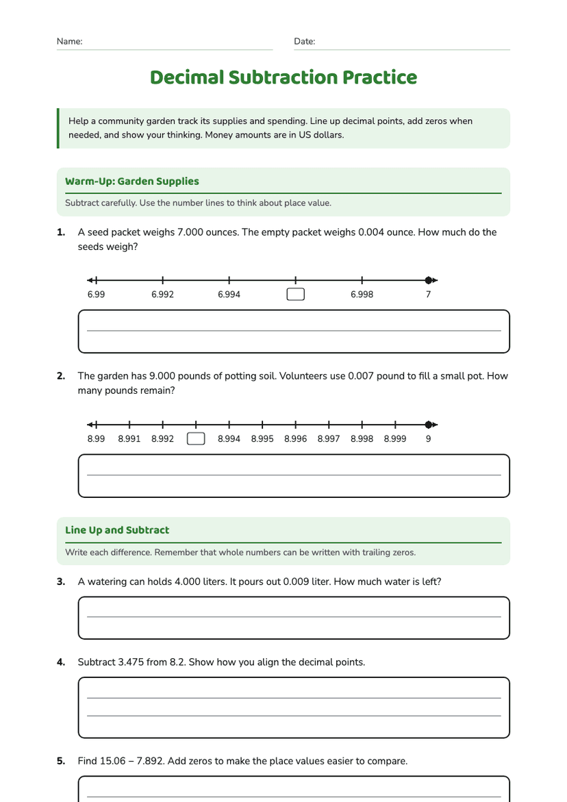 Decimal Subtraction Practice