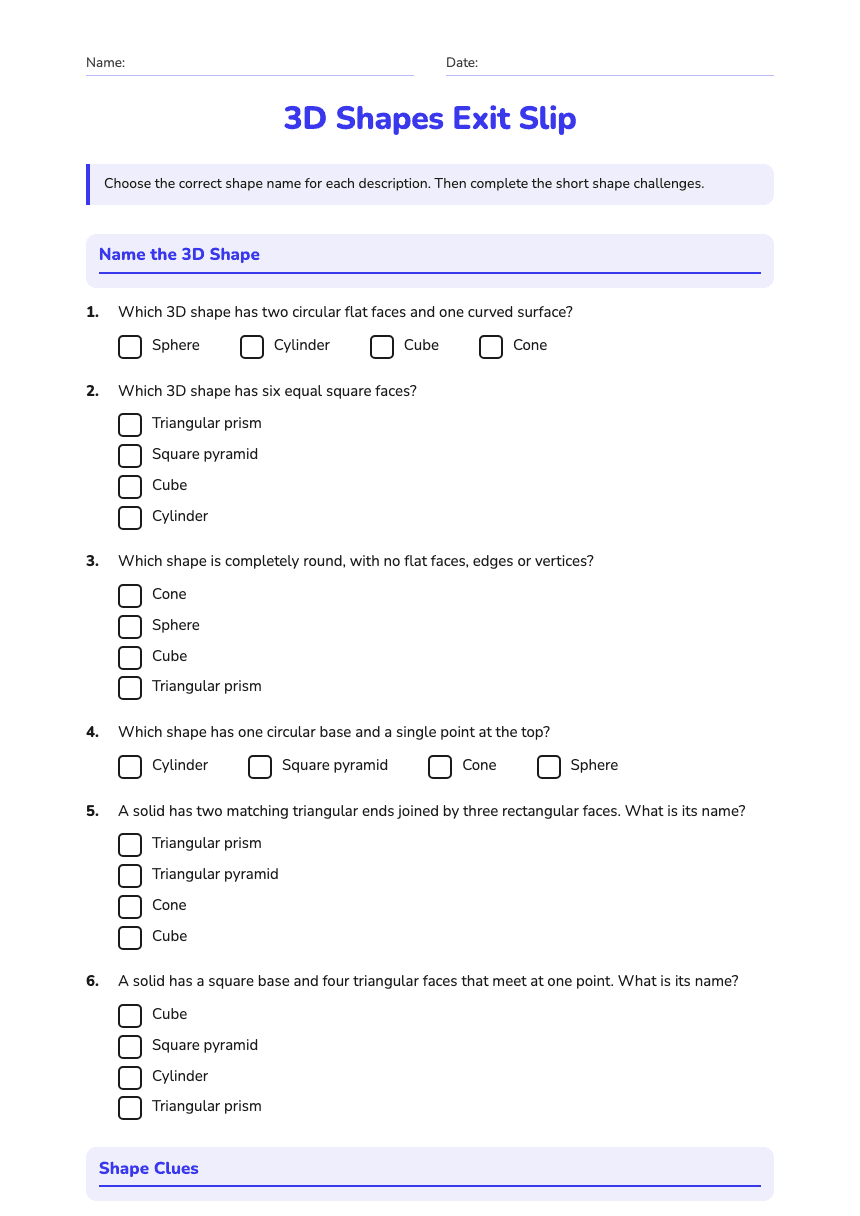 3D Shapes Exit Slip worksheet preview