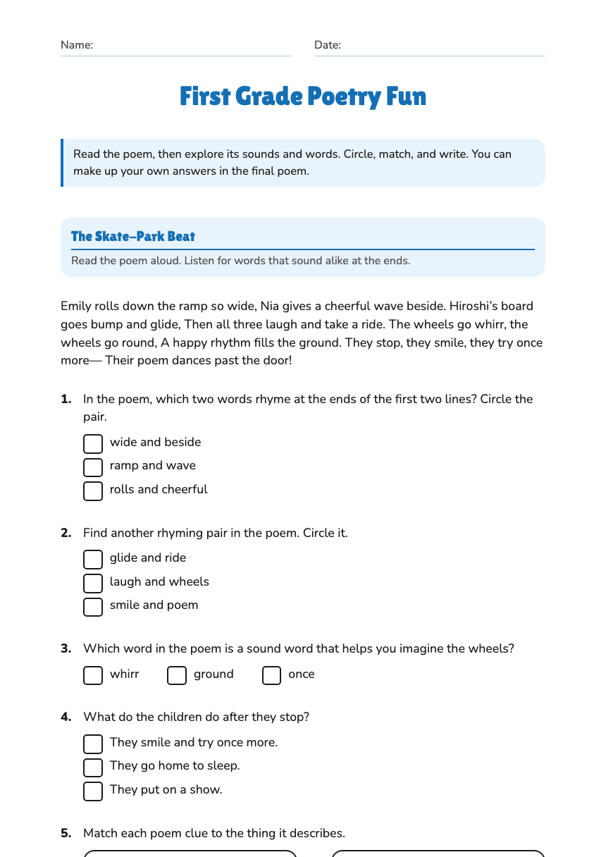 First Grade Poetry Fun worksheet preview