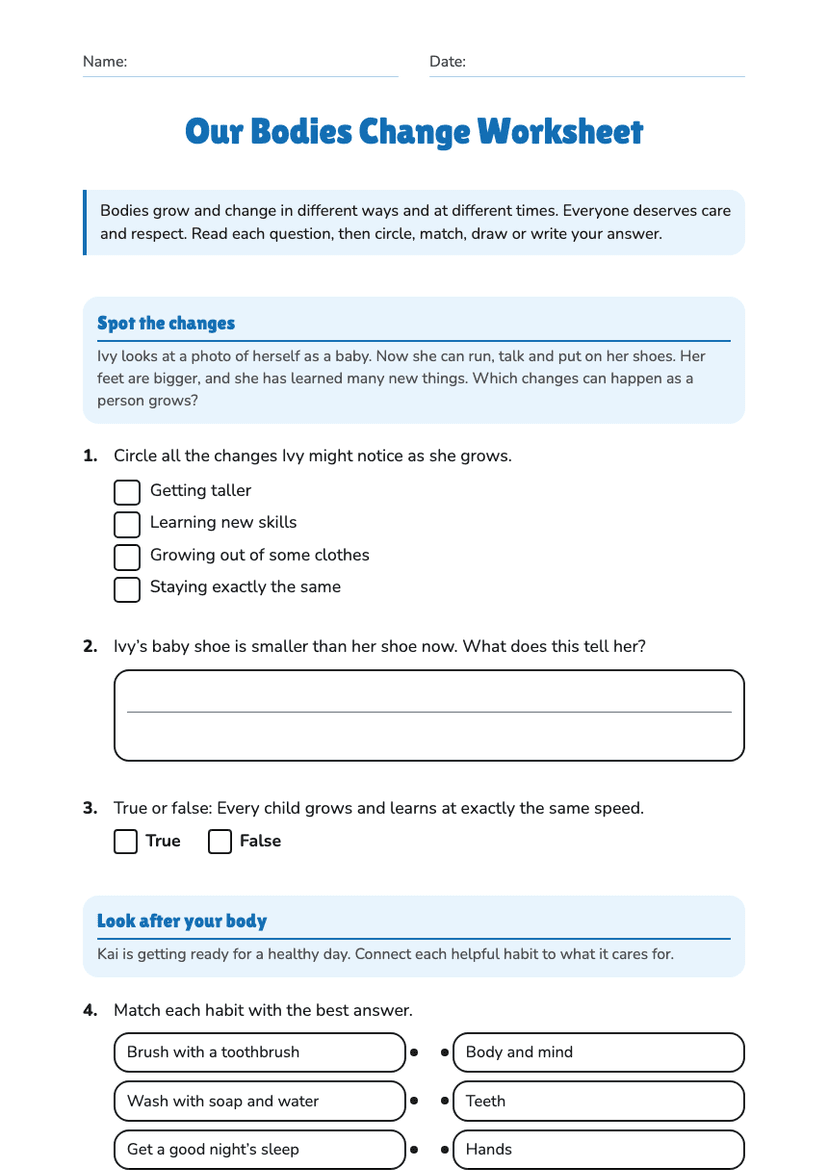 Our Bodies Change Worksheet