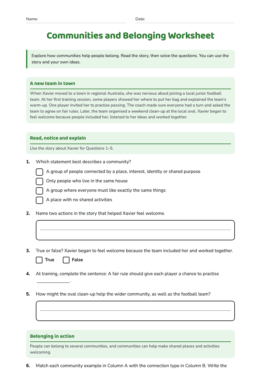 Communities and Belonging Worksheet worksheet preview