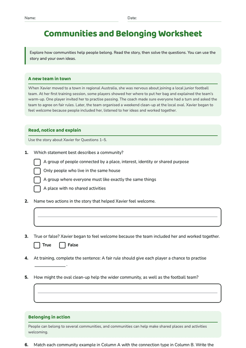 Communities and Belonging Worksheet