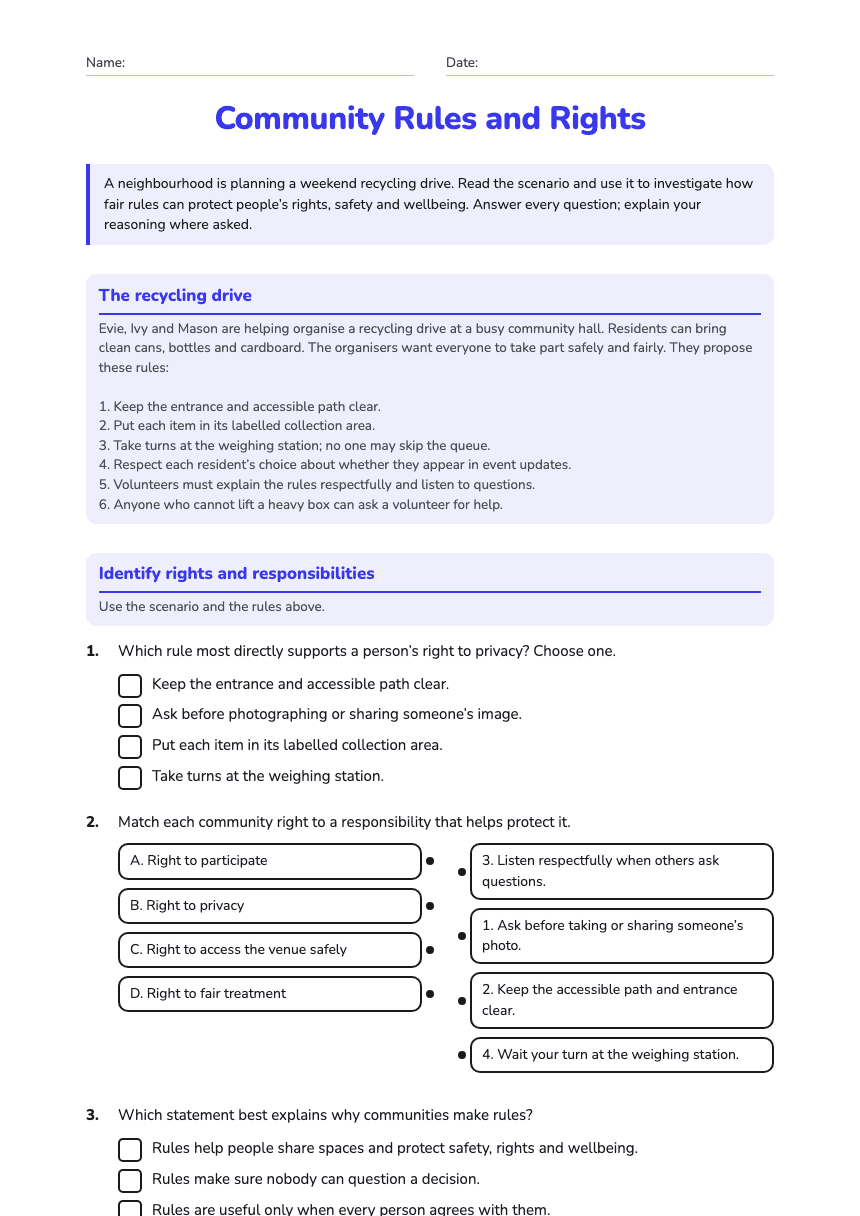 Community Rules and Rights worksheet preview