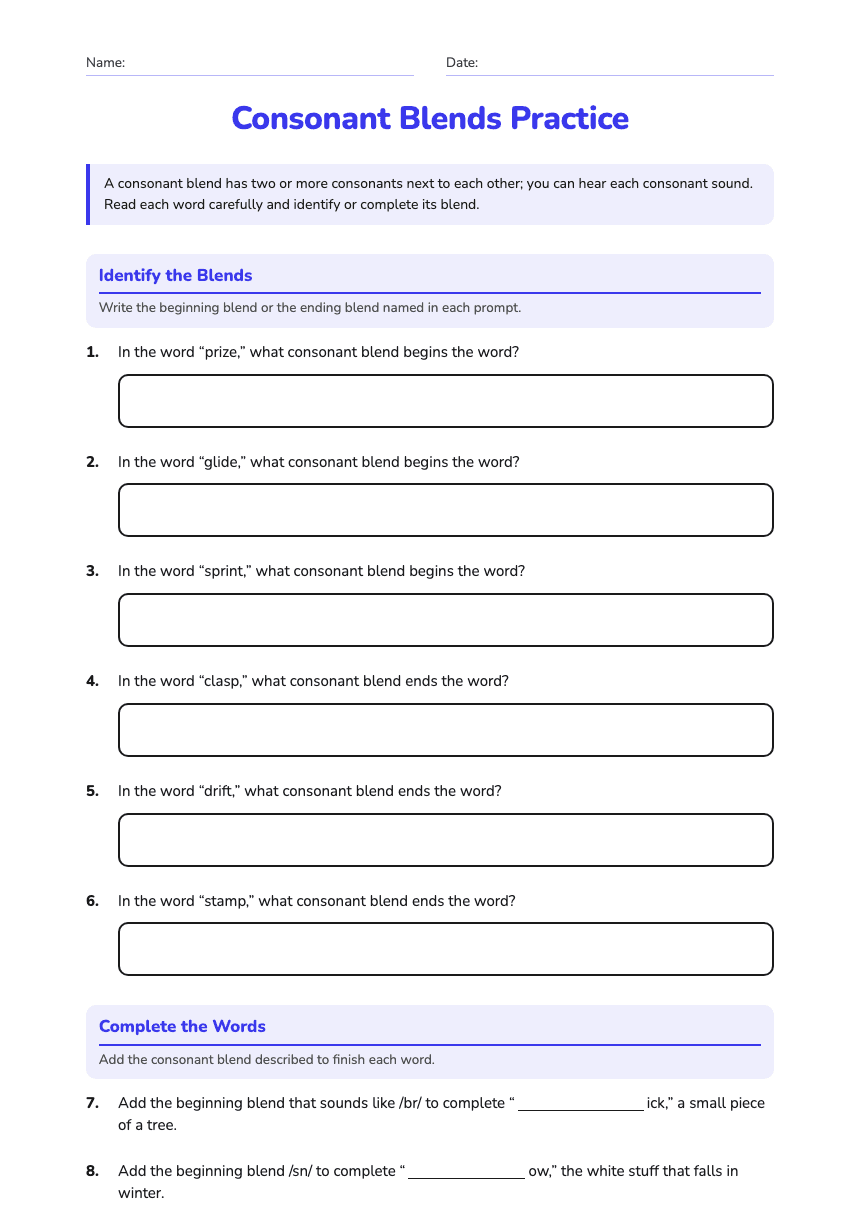 Consonant Blends Practice worksheet preview