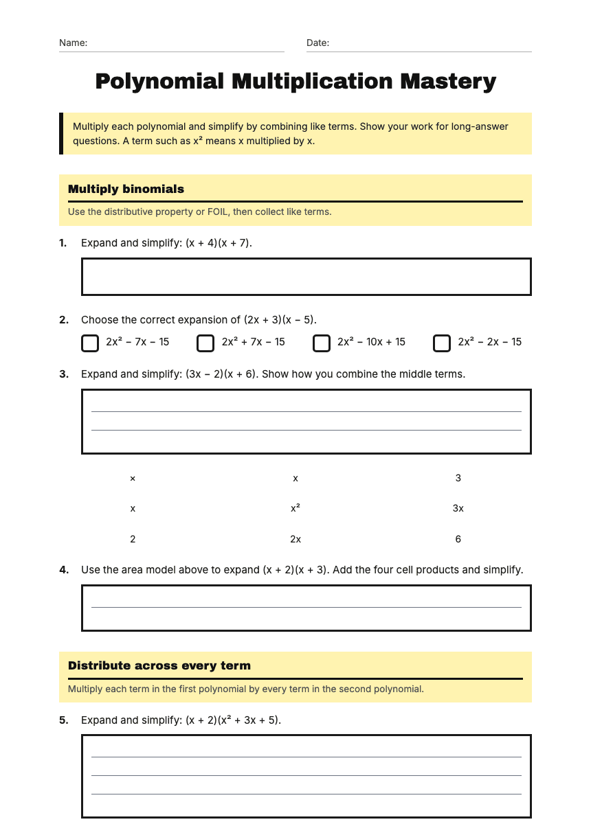 Polynomial Multiplication Mastery worksheet preview