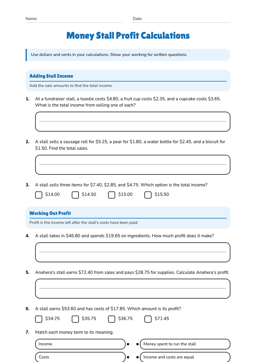 Money Stall Profit Calculations worksheet preview