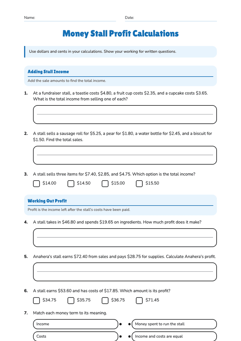 Money Stall Profit Calculations