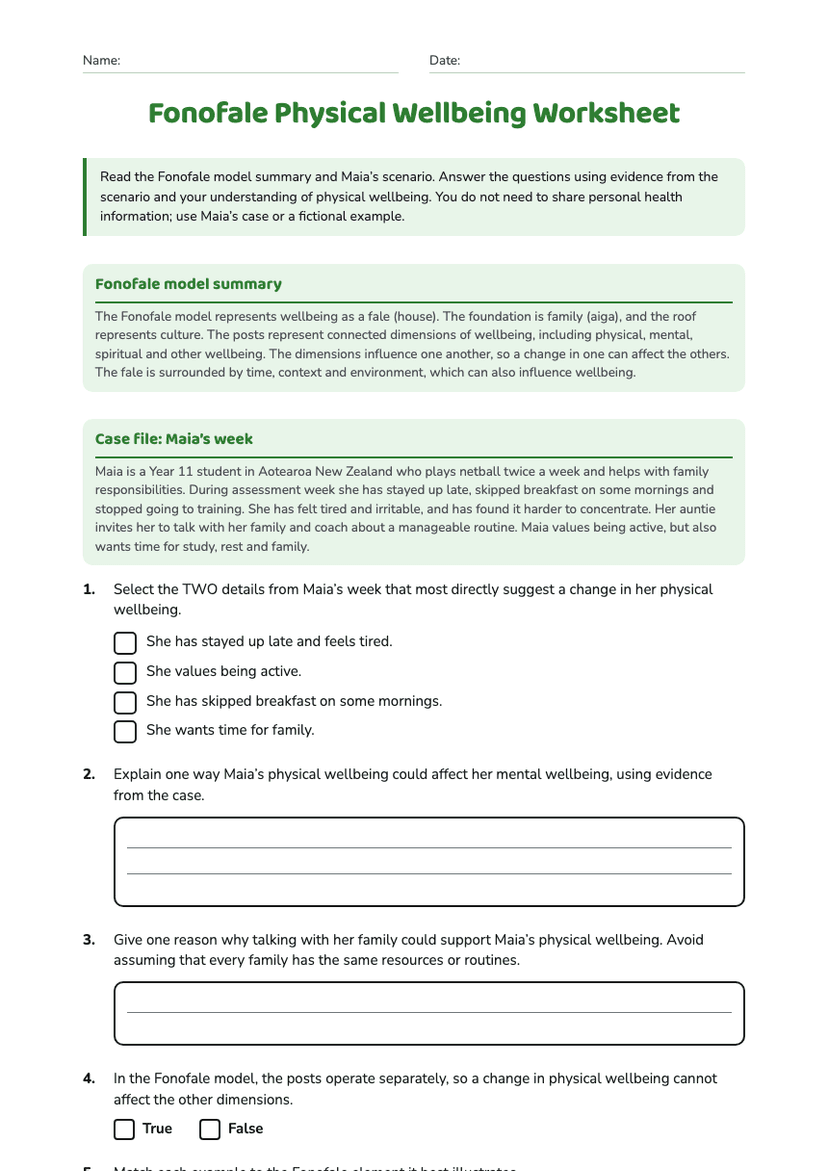 Fonofale Physical Wellbeing Worksheet
