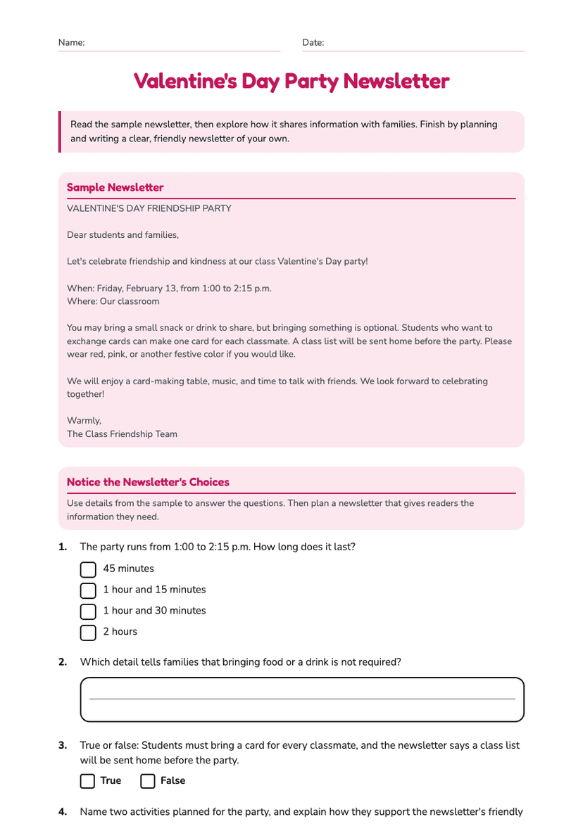 Valentine's Day Party Newsletter