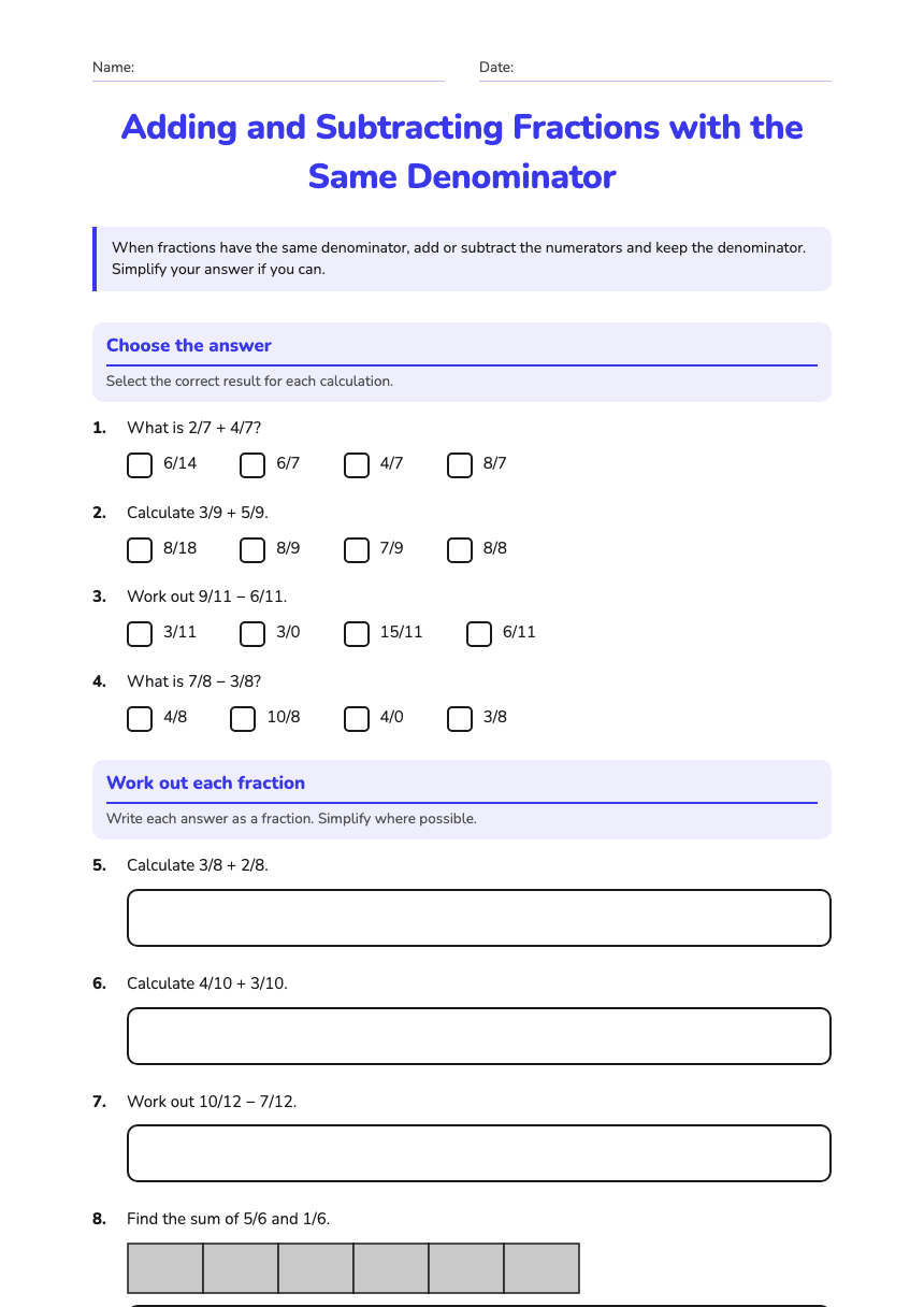 Adding and Subtracting Fractions with the Same Denominator worksheet preview
