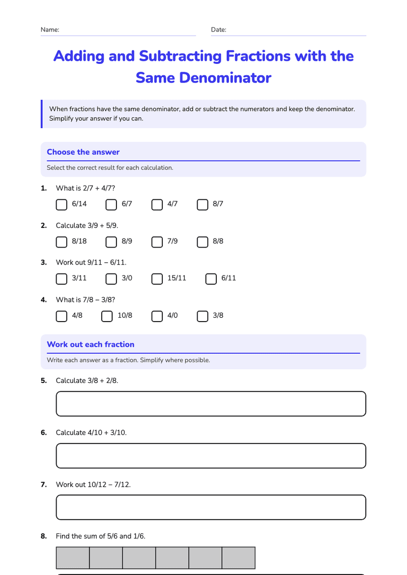 Adding and Subtracting Fractions with the Same Denominator