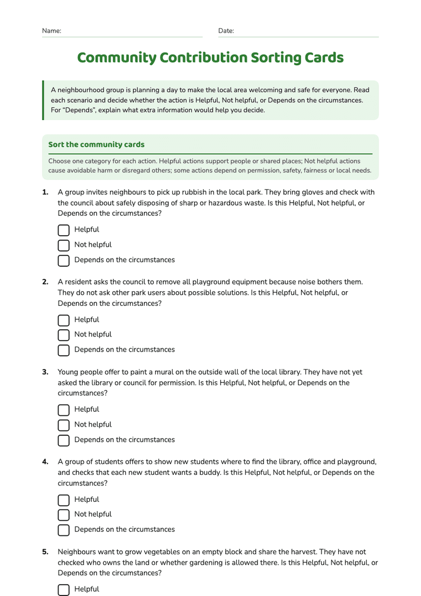 Community Contribution Sorting Cards