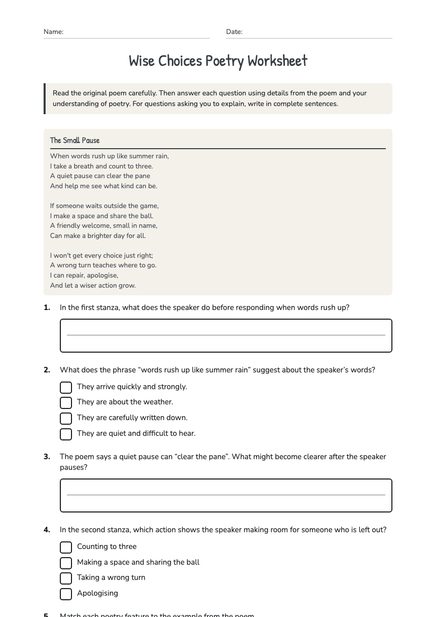 Wise Choices Poetry Worksheet worksheet preview