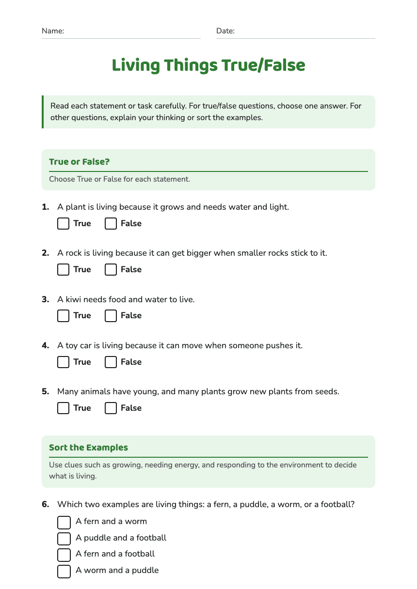 Living Things True/False worksheet preview