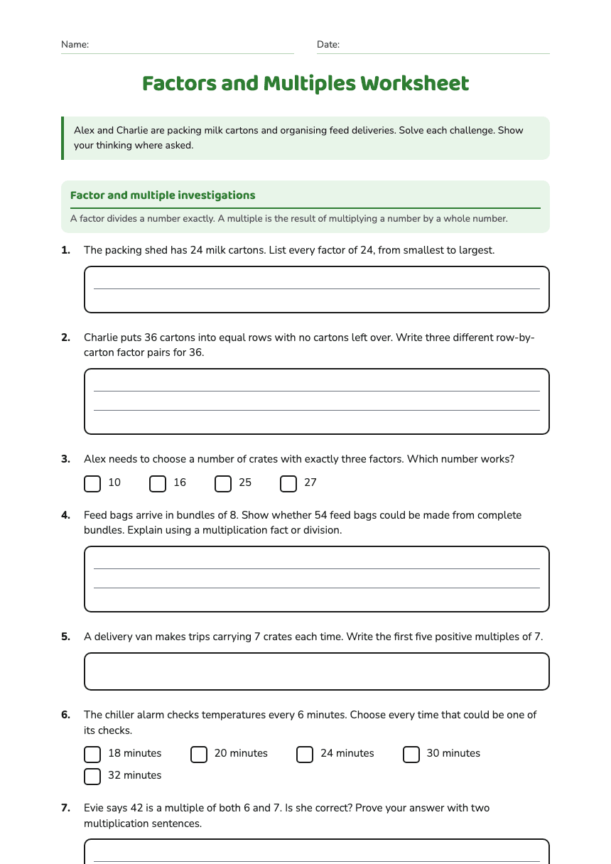 Factors and Multiples Worksheet worksheet preview