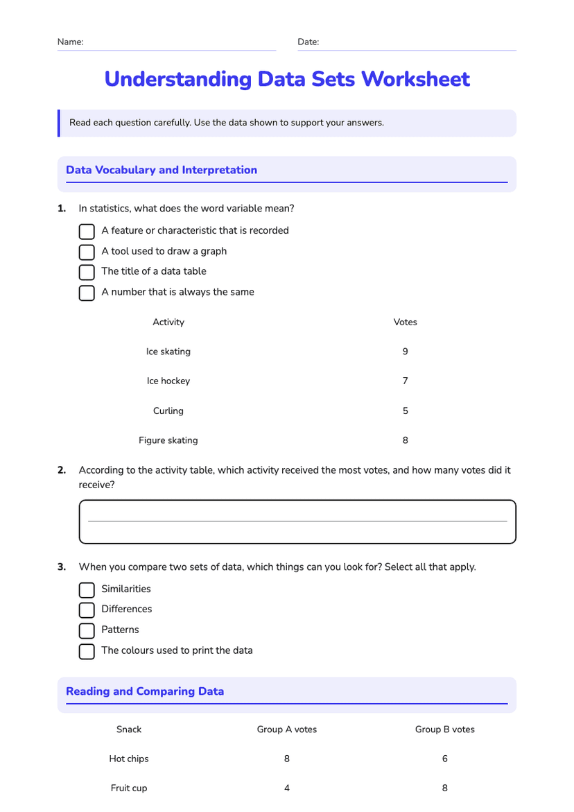 Understanding Data Sets Worksheet