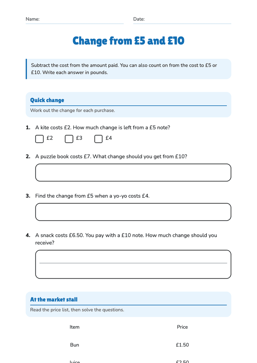 Change from £5 and £10