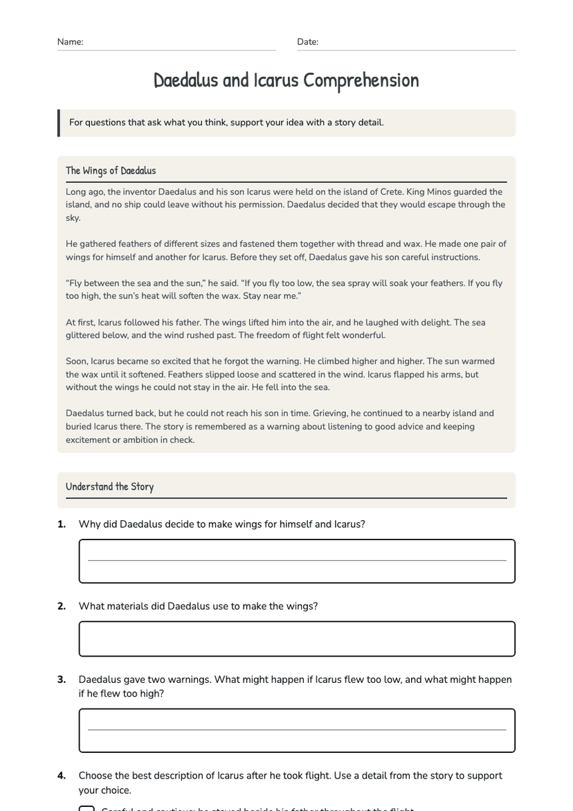 Daedalus and Icarus Comprehension