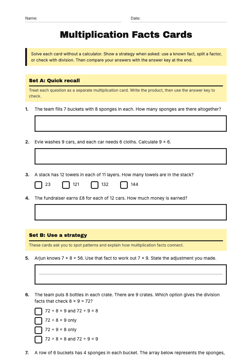 Multiplication Facts Cards worksheet preview