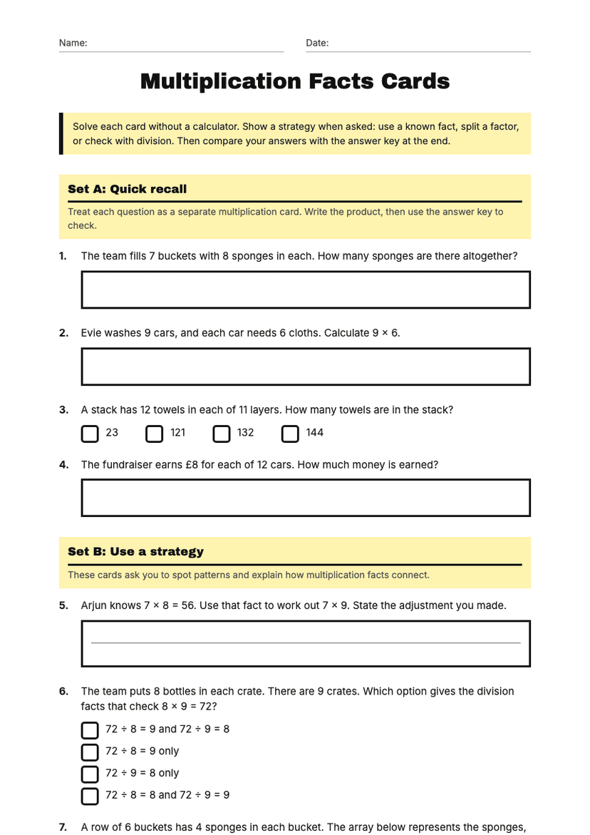 Multiplication Facts Cards
