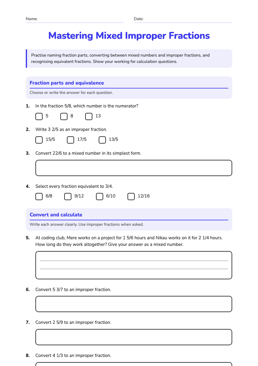 Mastering Mixed Improper Fractions worksheet preview