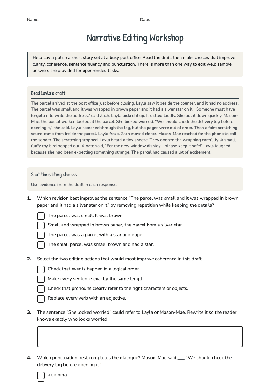 Narrative Editing Workshop worksheet preview