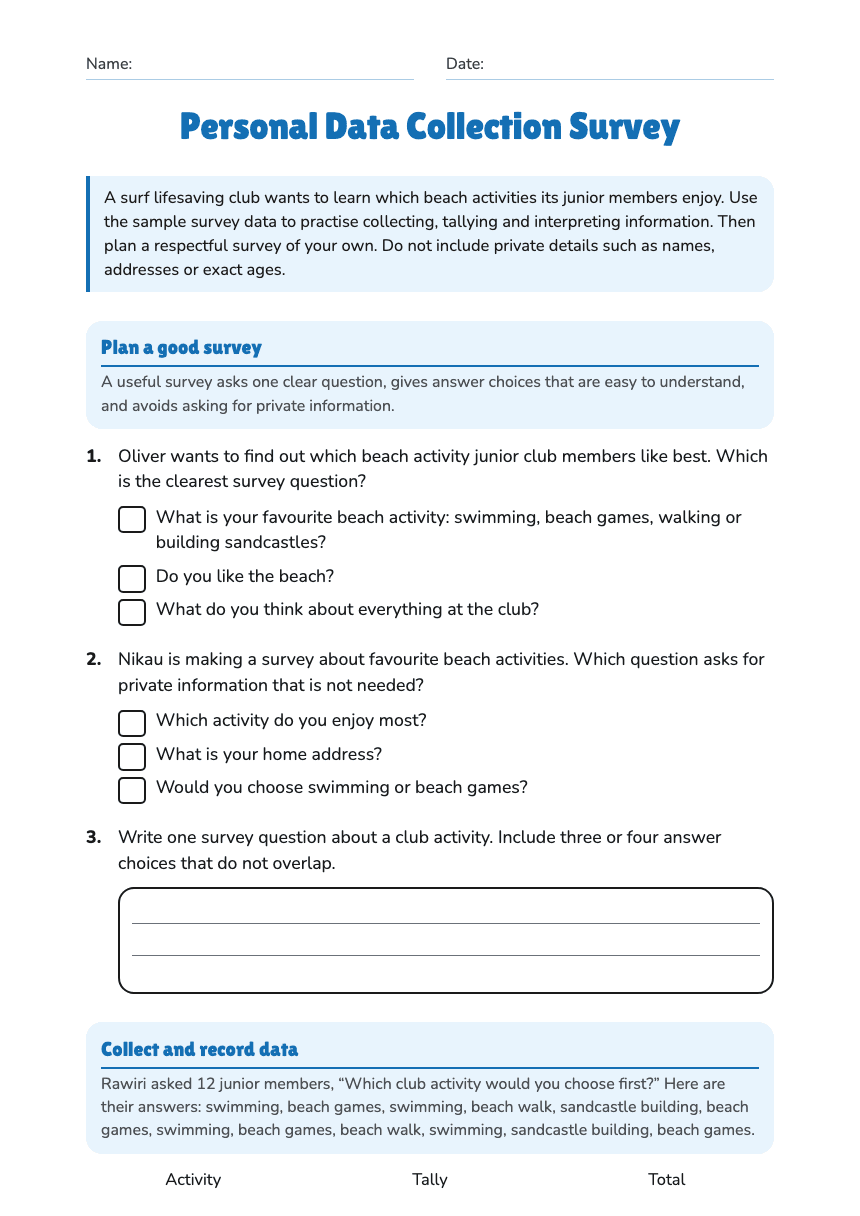Personal Data Collection Survey worksheet preview
