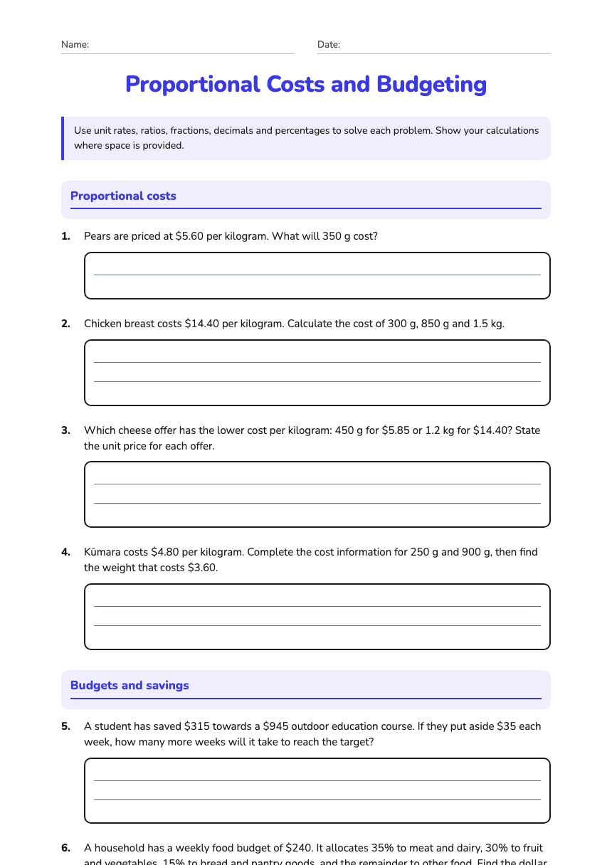 Proportional Costs and Budgeting worksheet preview