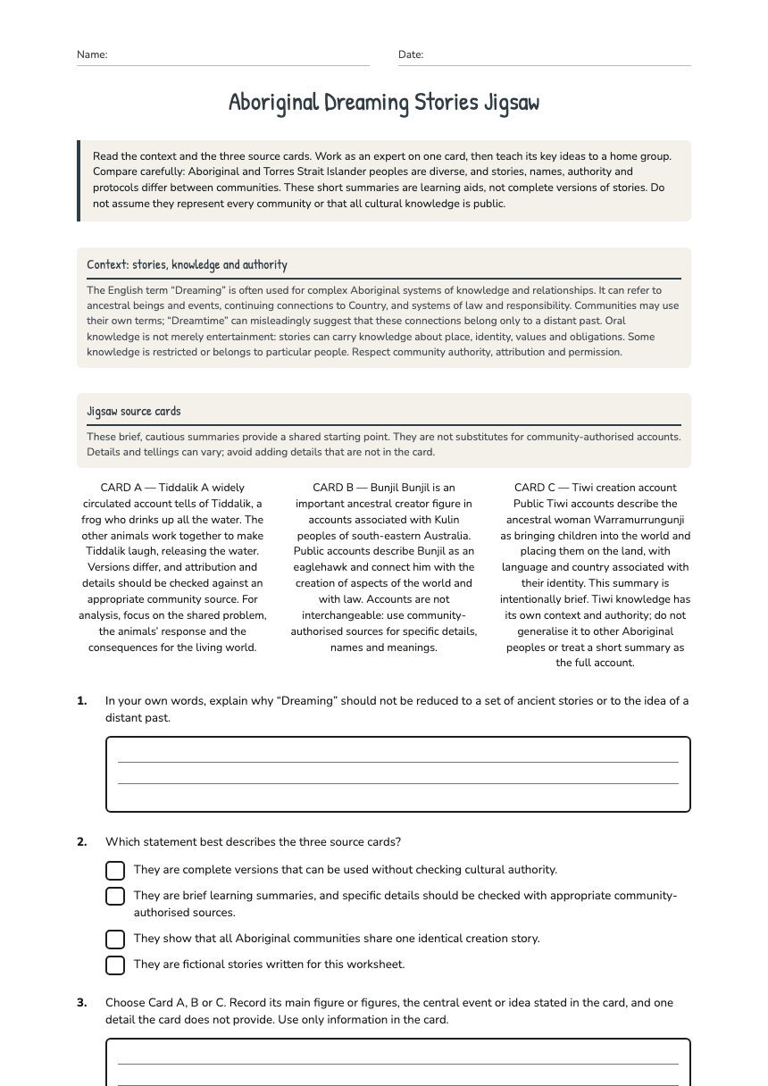 Aboriginal Dreaming Stories Jigsaw worksheet preview