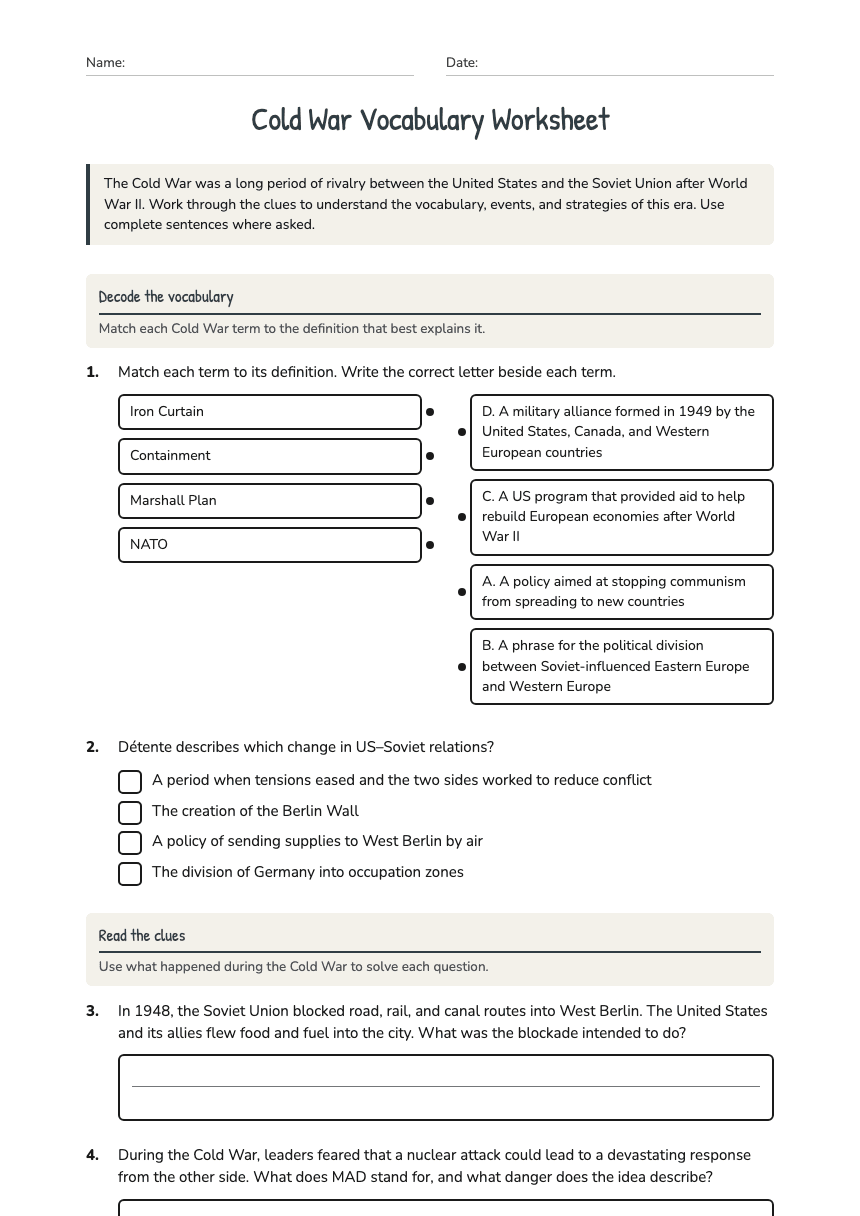 Cold War Vocabulary Worksheet worksheet preview