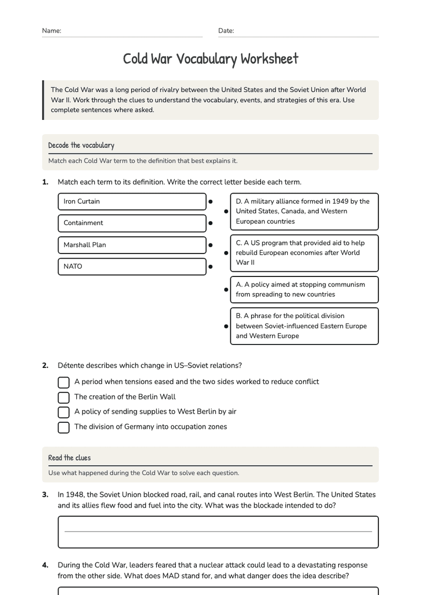 Cold War Vocabulary Worksheet