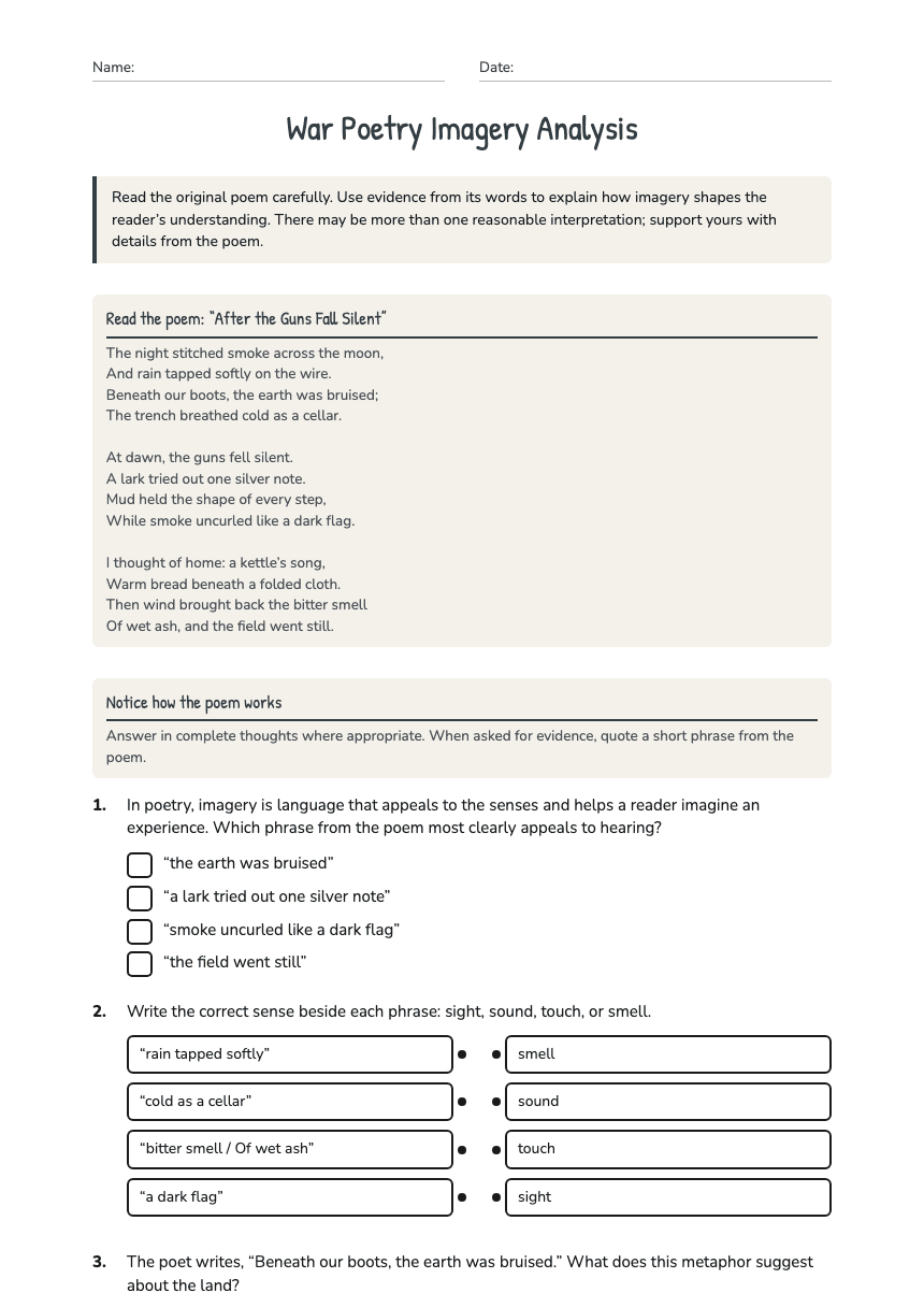 War Poetry Imagery Analysis worksheet preview