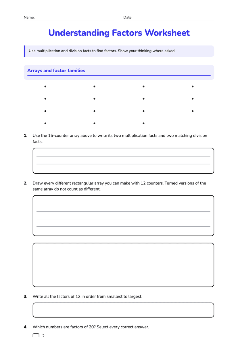 Understanding Factors Worksheet