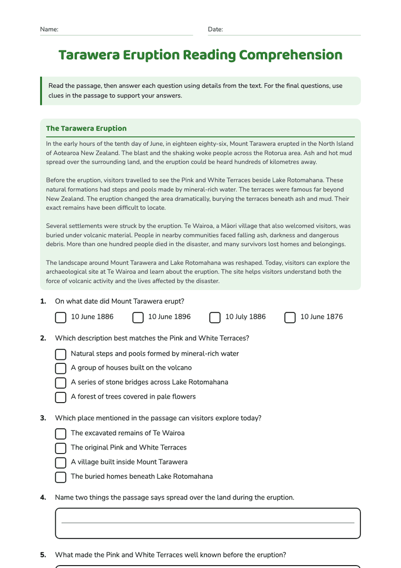 Tarawera Eruption Reading Comprehension