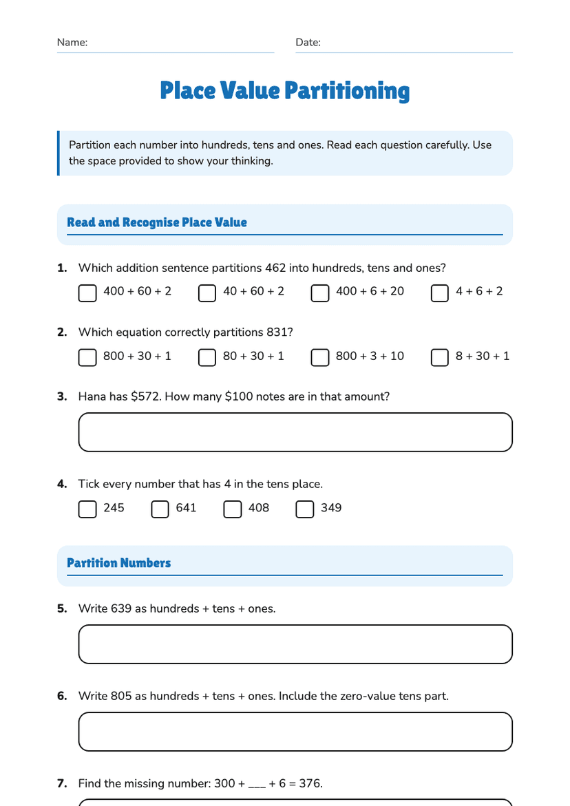 Place Value Partitioning