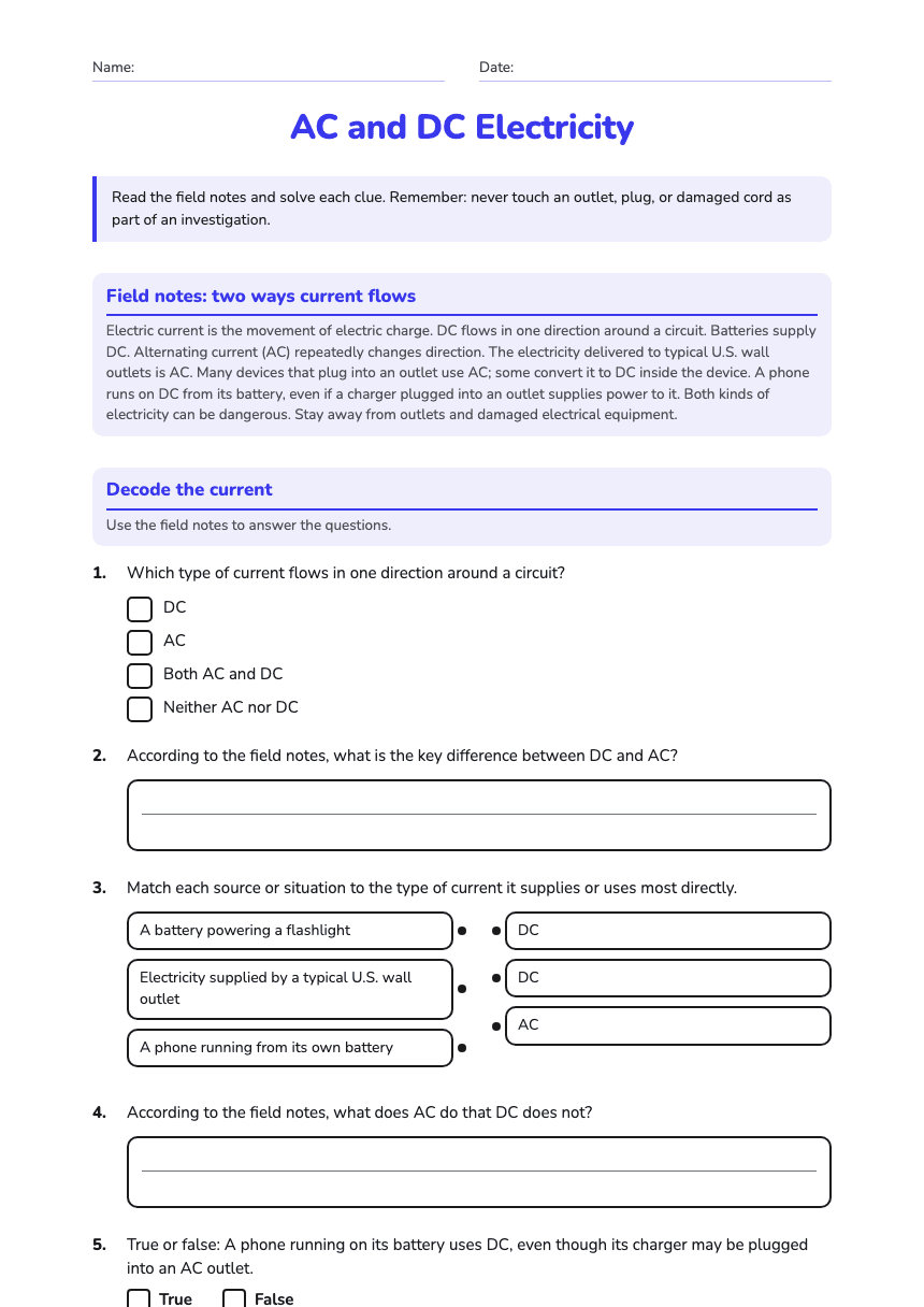 AC and DC Electricity worksheet preview