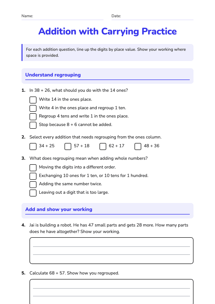 Addition with Carrying Practice worksheet preview