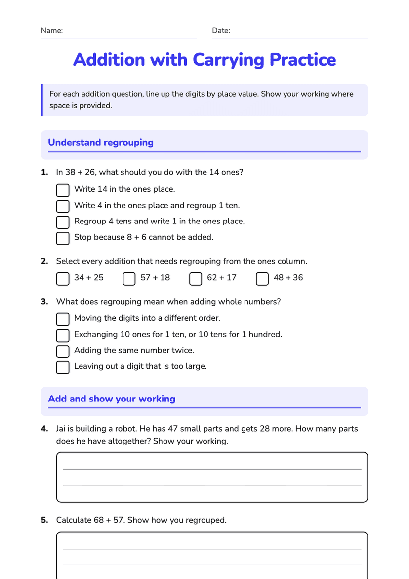 Addition with Carrying Practice