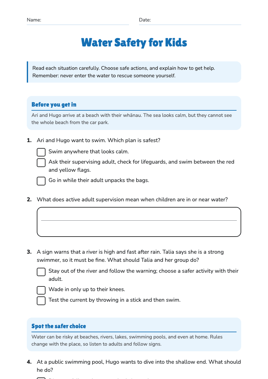 Water Safety for Kids worksheet preview