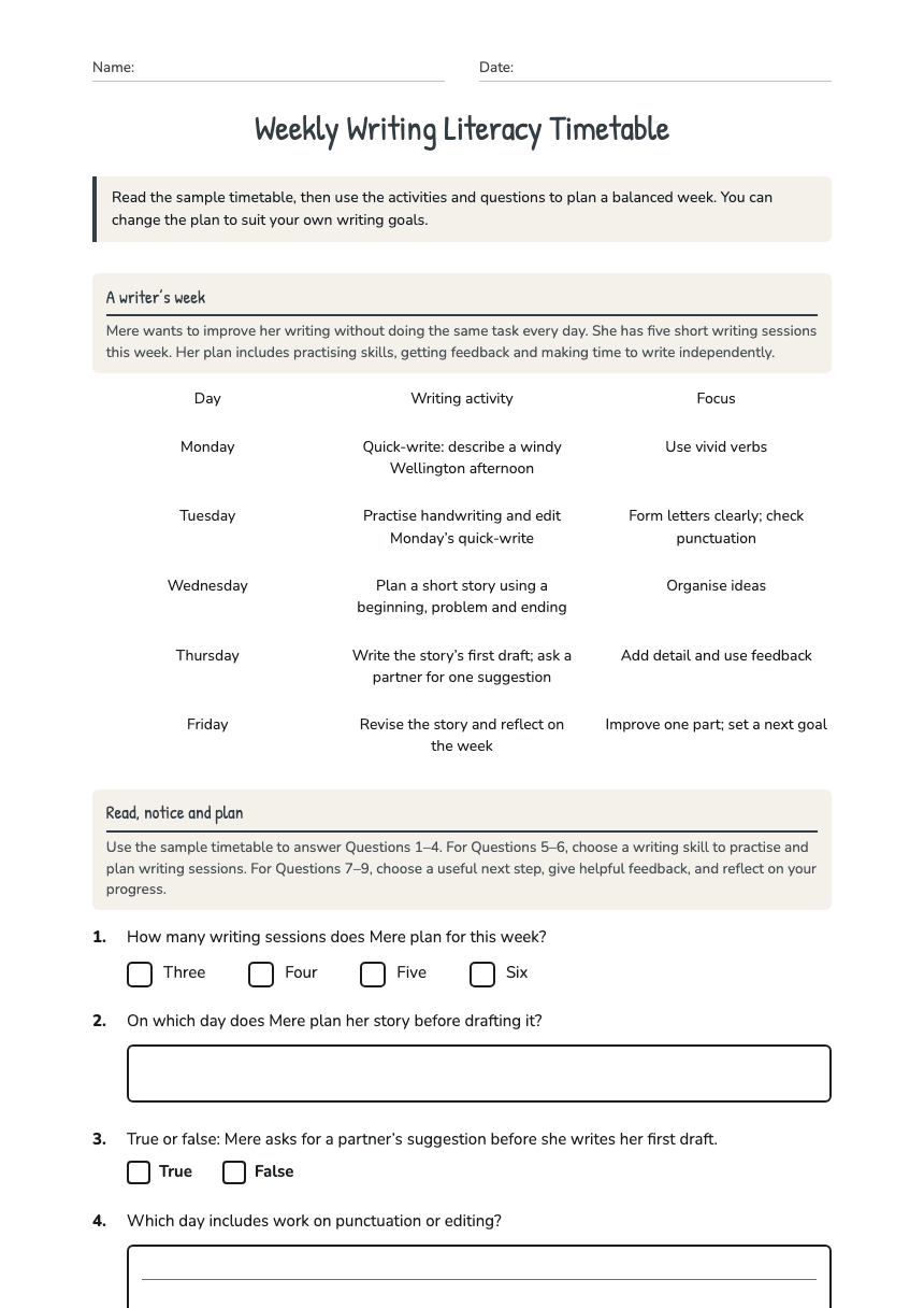 Weekly Writing Literacy Timetable worksheet preview