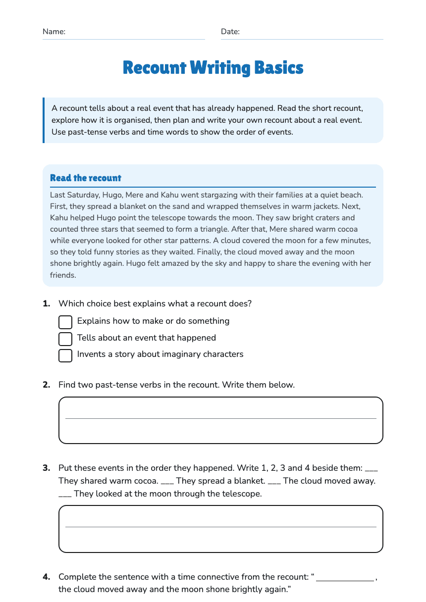 Recount Writing Basics worksheet preview