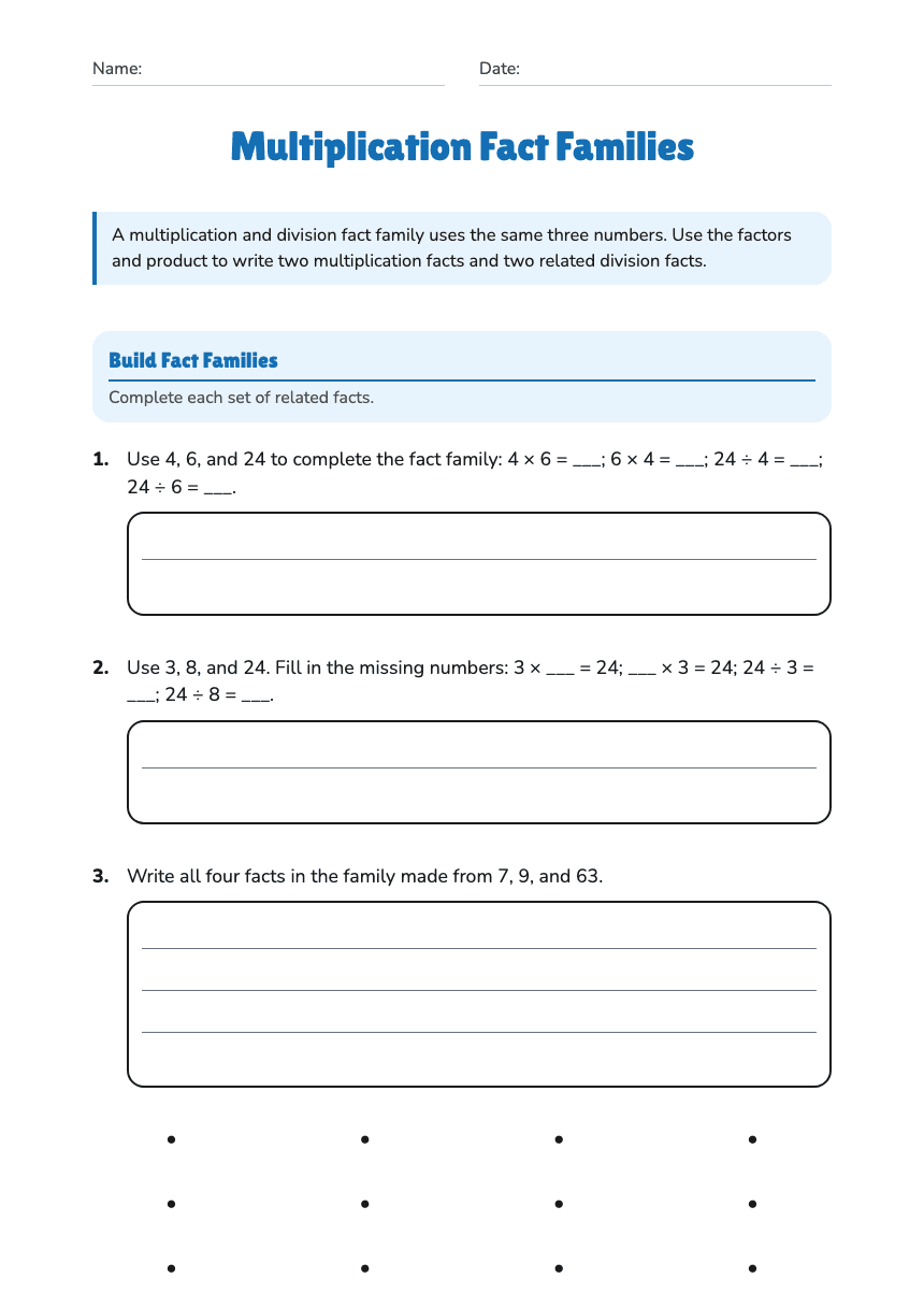 Multiplication Fact Families worksheet preview