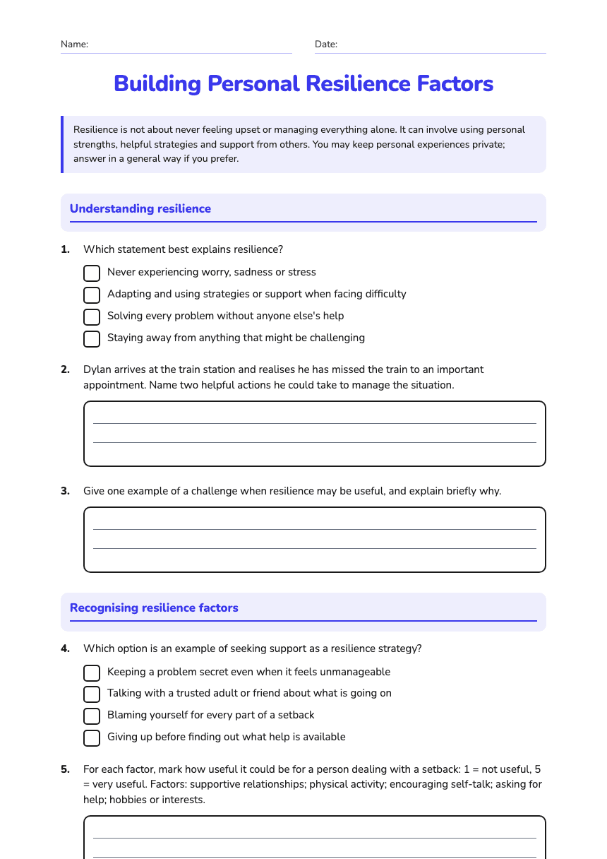 Building Personal Resilience Factors worksheet preview