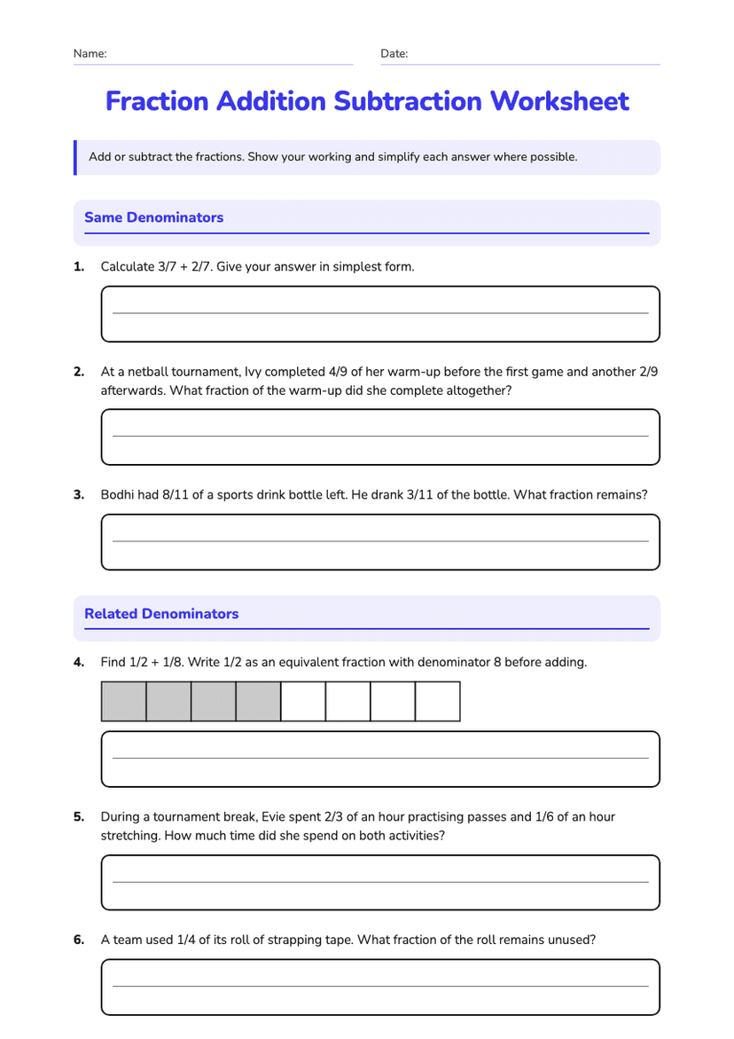 Fraction Addition Subtraction Worksheet