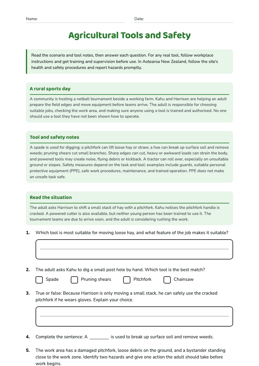 Agricultural Tools and Safety worksheet preview
