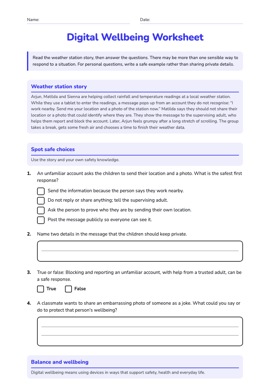 Digital Wellbeing Worksheet worksheet preview