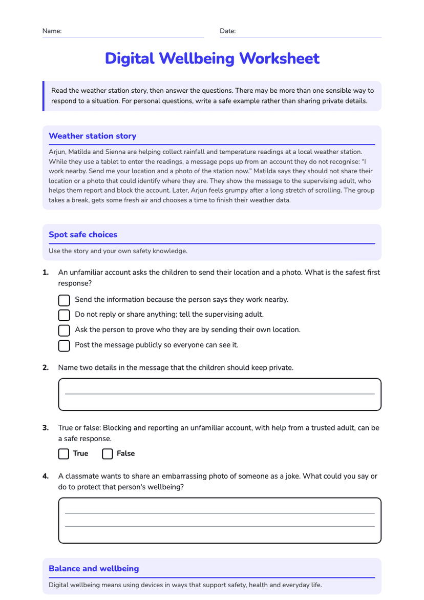 Digital Wellbeing Worksheet
