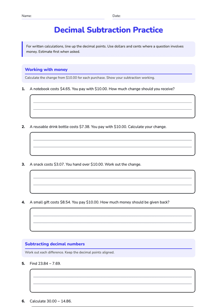 Decimal Subtraction Practice
