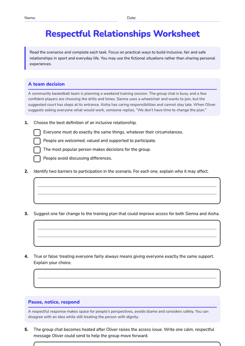 Respectful Relationships Worksheet