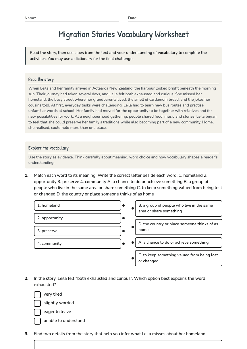 Migration Stories Vocabulary Worksheet worksheet preview